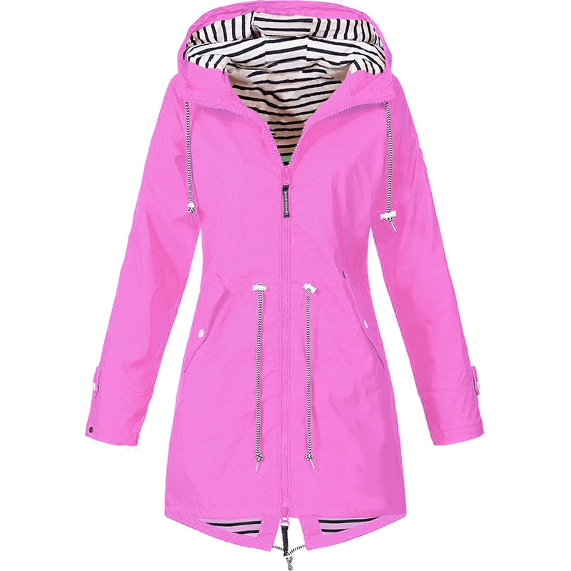 Pink waterproof hooded rain jacket with striped lining, perfect for outdoor activities, lightweight and windproof design, SF0078.